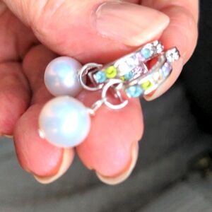 Sterling multi gem & pearl convertible earrings. Dainty hoops & 10 mm pearls New